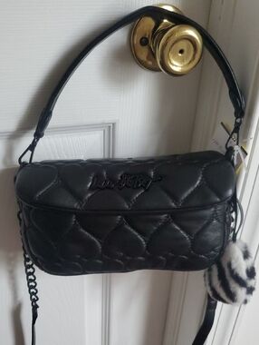 LUV Betsey Black Quilted Shoulder Bag with Faux Fur Pom